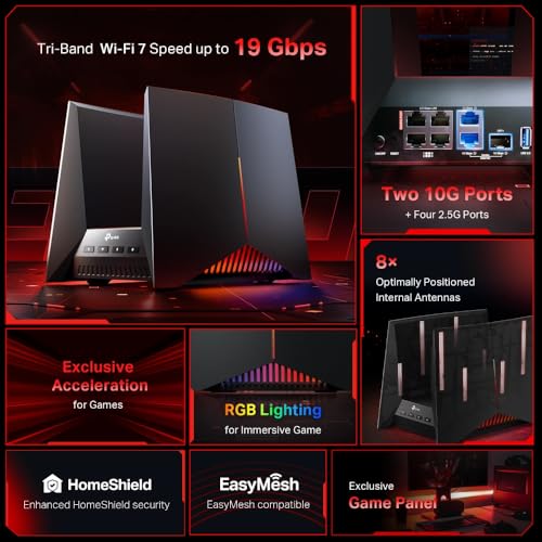 TP-Link Tri-Band BE19000 Wi-Fi 7 Gaming Router Archer GE800 | 12-Stream 19 Gbps | 2ร10G + 4ร2.5G Ports, USB 3.0 | Turbo Acceleration, Dedicated Gaming Port & Panel, RGB Lighting | EasyMesh, HomeShield