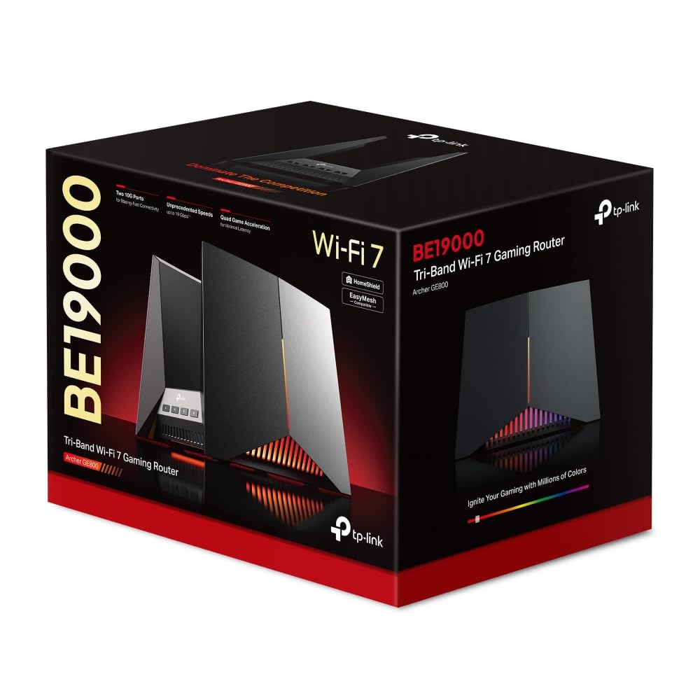 TP-Link Tri-Band BE19000 Wi-Fi 7 Gaming Router Archer GE800 | 12-Stream 19 Gbps | 2ร10G + 4ร2.5G Ports, USB 3.0 | Turbo Acceleration, Dedicated Gaming Port & Panel, RGB Lighting | EasyMesh, HomeShield