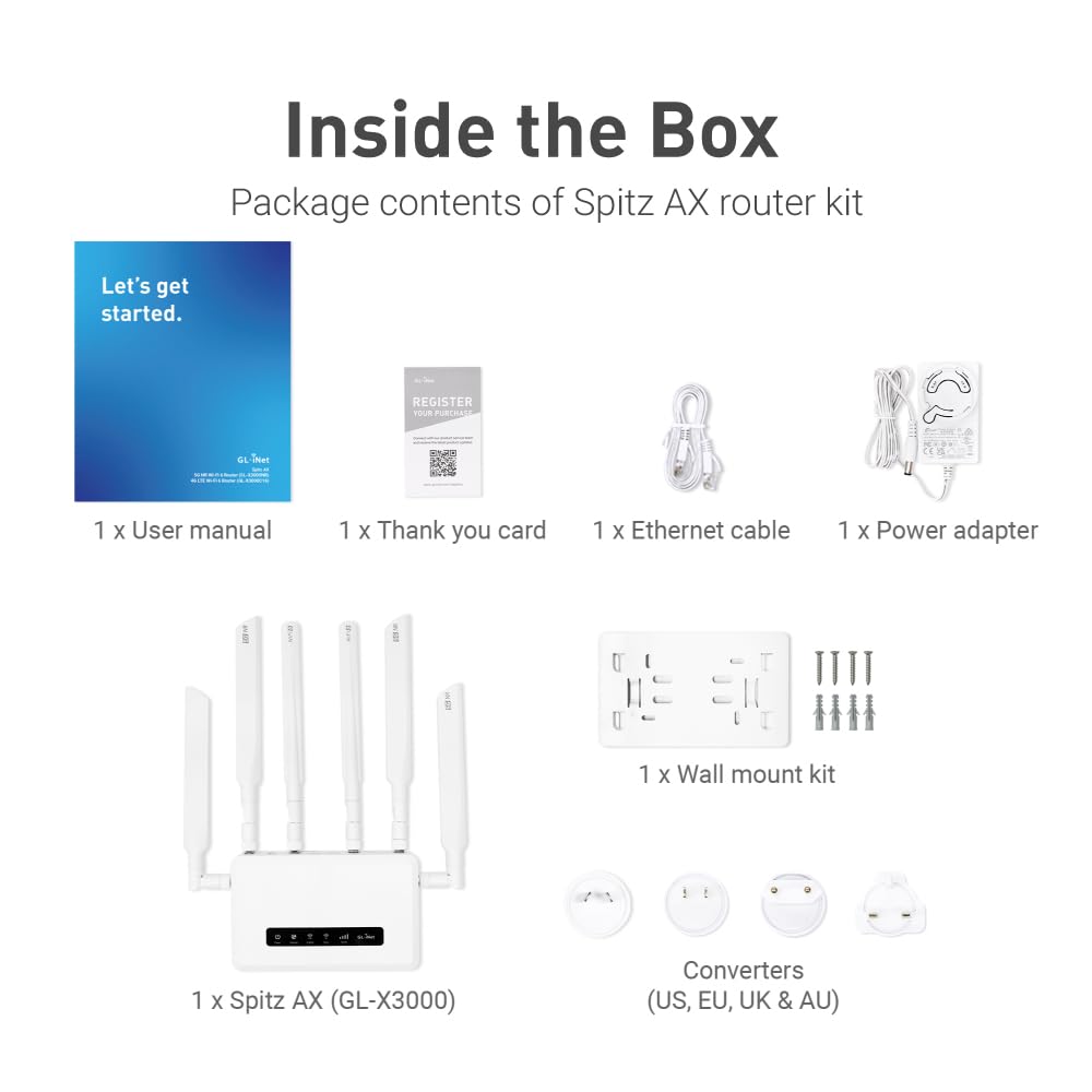 GL.iNet GL-X3000 (Spitz AX) Cellular Gateway 5G Router for House & RV, Wi-Fi 6, Detachable Antennas, Dual-SIM, T-Mobile & AT&T IoT Device Certified, Family/Rural Area/Road Trips (Free 10GB SIM Card)