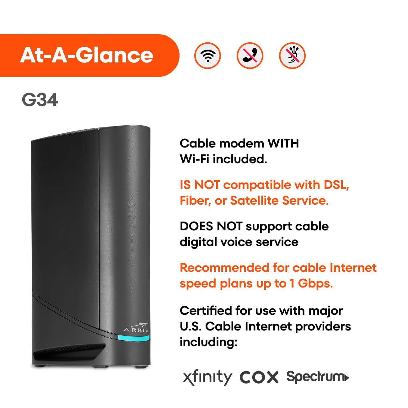ARRIS (G34) - Cable Modem Router Combo - Fast DOCSIS 3.1 Gigabit WiFi 6 (AX3000), Approved for Comcast Xfinity, Cox, Spectrum & More, 1 Gbps Max Internet Speeds