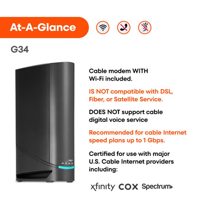 ARRIS (G34) - Cable Modem Router Combo - Fast DOCSIS 3.1 Gigabit WiFi 6 (AX3000), Approved for Comcast Xfinity, Cox, Spectrum & More, 1 Gbps Max Internet Speeds